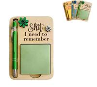 The Shit I Need to Remember Sticky Note Holder, Funny Wooden Memo Pad Organizer, Little Reminders Sticky Note Holder with Ballpoint Pen, Gag Gift for Your Most Forgetful Coworker (Green)