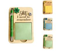The Shit I Need to Remember Sticky Note Holder, Funny Wooden Memo Pad Organizer, Office Sticky Note Dispenser with Pen, The Perfect Gag Gift for Your Most Forgetful Coworker and Yourself (Green)