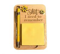 The Shit I Need to Remember Sticky Note Holder - Gag Gift with Pen & 3x3 Sticky Notes, Rustic Desk Organizer for Forgetful Coworkers/Friends/Students (Yellow)