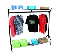 The Shopfitting Shop Heavy Duty Clothes Rail 6ft (L) x 5ft (H) x 32mm (Diameter Steel) & Top & Bottom Mesh Storage Shelves for Shoes Hats Luggage