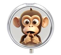 The Silent Monkey Travel Pill Box Case 3 Compartment Cute Pill Organizer Metal Pill Holder with Mirror Small Medicine Organizer Daily Pill Container for Purse Pocket Portable Meds Box
