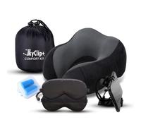 The SkyClip+ Travel Neck Pillow Set - Airplane Travel Kit with Memory Foam Neck Pillow, Eye Mask, Earplugs, Inflight Phone and Tablet Holder Clip - Soft and Breathable Airplane Pillow for Sleeping