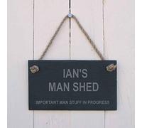 The Slate Range Man Cave Sign for Shed, Home, Door, Wall, Personalised Slate Hanging Sign "Ian's Man Shed Important Man Stuff in Progress" Perfect for Father's Day, Birthday 30x20.5x0.4 Centimetre