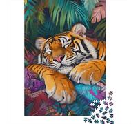The Sleeping Beast 1000 Pc Cardboard DIY Tiger Sleeping in Flowers Puzzle 12+, Challenging Family Game, Vibrant Colours, Stress Relief & Wall Decor 70x50cm/1000pcs