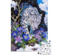 The Sleeping Beast 1000 Piece Recycled Cardboard Snow Leopard in Blue Flowers Puzzle, Concentration Training, Personalised Gift, Wall Decor & After-School Fun 38x26cm/1000pcs