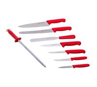 THE SMITHFIELD 8-Piece Professional Chef Knife Set with Canvas Roll-Up Wallet - Stainless Steel Blades, Durable Polypropylene Handles - Perfect for Culinary Students, Beginner Chefs - Red Handle
