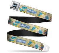The Smurfs Belt, Seatbelt Buckle Belt, The Smurfs Beach Day Fun Scene and Title Logo, Adjustable, Multicolor, 1.5" Wide - Fits Pant Size 32-52