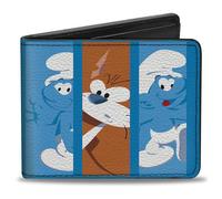 The Smurfs Wallet, Bifold, Five Smurfs and Azrael Pose Blocks and Logo Blues, Vegan Leather