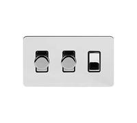 The Soho Lighting Company Polished Chrome Flat Plate 3 Gang Light Switch with 2 Dimmers (1x2 Way with 2x Trailing Edge Dimmer)