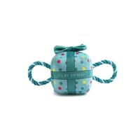 Ancol Its My Birthday Present Blue Dog Tugging Rope Toy Squeaky Strong Fun Interactive Tug of War Playing Retrieve Soft Pet Puppy Plushie Toy - Small