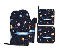 The Solar Family Print Oven Mitts & Pot Holders Set of 4 - Non-Slip Mitts High Heat Hot Pads for Kitchen Cooking