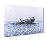 The Solheimasandur Plane Wreck In Iceland By Canvas Print | Gallery Wrapped 30mm Frame Wall Art | 20x14 inches | Ready to Hang | Modern Vehicles Picture | Living Room Bedroom Lounge Office