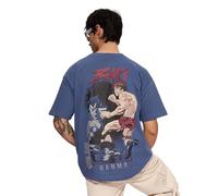 The Souled Store Official Baki Hanma: The Strongest Men and Boys Short Sleeves Round Neck Blue Graphic Printed Cotton Oversized T-Shirts, Blue, XXL