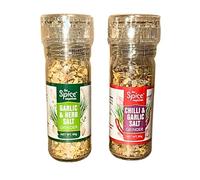 The Spice Emporium Chilli & Garlic Salt + Garlic & Herb Salt Seasoning 2 Pack - 80g Each - Savoury Cooking & BBQ Seasonings - Includes Gifty Goodness Shopping List