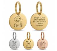The Stately Hound Dog Name Tags Engraved UK, Gold Round, Medium