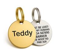 The Stately Hound Personalised Dog ID Tag - Custom Engraved Pet Name Tags for Puppy, Dogs & Cats, Double-Sided Deep Engraving, Durable & Waterproof, Easy-to-Read Text (Gold, Large: 30mm)