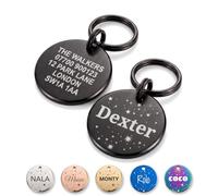 The Stately Hound Personalised Engraved Dog Tag, Black, Medium | Round engraved dog ID name tag with stars; dachshunds and spaniels; Medium 25 mm; durable, lightweight stainless steel