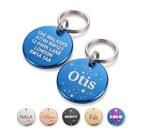 The Stately Hound Personalised Engraved Dog Tag, Blue, Medium | Round engraved dog ID name tag with stars; dachshunds and spaniels; Medium 25 mm; durable, lightweight stainless steel