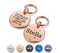 The Stately Hound Personalised Engraved Dog Tag, Rose Gold, Medium | Round engraved dog ID name tag with stars; dachshunds and spaniels; Medium 25 mm; durable, lightweight stainless steel