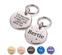 The Stately Hound Personalised Engraved Dog Tag, Silver, Medium | Round engraved dog ID name tag with stars; dachshunds and spaniels; Medium 25 mm; durable, lightweight stainless steel
