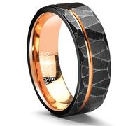 The Stormlight - 8mm Hammered Black Tungsten Carbide Men's Wedding Band with Polished Rose Gold Inlay and Comfort Fit,Includes Gift Box, Tungsten Carbide, No Gemstone