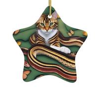 The story of the snake and the cat Print Christmas Tree Ceramic Hanging Ornaments â€“ Star Shaped Xmas Decorations with Golden Rope
