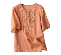 The Strokes Top Women's Retro Loose Design Embroidery Round Neck Thin Cotton Linen Top Burnout Blouses for Women (Orange, M)