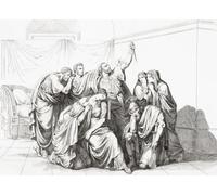 The suicide of Lucretia after her by Sextus Tarquinius. Lucius Junius Brutus holding aloft the dagger with which Lucretia killed herself vows revenge. The incident led to the overthrow of the