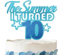The Summer I Turned 10 Cake Topper - Cheers to 10 Years Old Party Decorations For Summer Beach Themed 10th Birthday Party Supplies Glitter