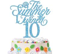 The Summer I Turned 10 Cake Topper, Summer 10th Birthday Cake Decor, Ocean Beach Under the Sea Theme 10 Years Old Birthday Party Decorations Supplies for Teens Blue Glitter
