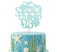 The Summer I Turned 13 Cake Topper, Beach 13th Birthday Cake Topper, Summer 13 Cake Decoration for Ocean Beach Birthday/Thirteen Years Old Party Supplies - Blue Glitter