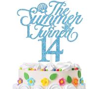 The Summer I Turned 14 Cake Topper, Summer 14th Birthday Cake Decor, Ocean Beach Under the Sea Theme 14 Years Old Birthday Party Decorations Supplies Blue Glitter