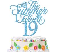The Summer I Turned 19 Cake Topper, Summer 19th Birthday Cake Decor, Ocean Beach Under the Sea Theme 19 Years Old Birthday Party Decorations Supplies Blue Glitter