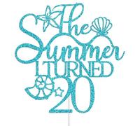The Summer I Turned 20 Cake Topper, Girls Twenty Birthday Party Decoration, Summer Beach Starfish Themed 20th Birthday Decorations Blue Glitter