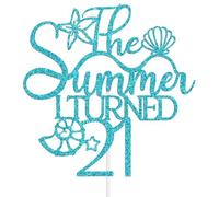 The Summer I Turned 21 Cake Topper, Summer 21st Birthday Party Decoration, Beach Starfish Themed 21st Birthday Decorations Blue Glitter