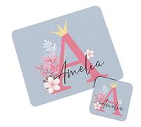 The Supreme Gift Company Personalised Children's Dinner Placemat and Coaster Set - Floral Crown Initial