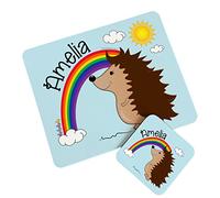 The Supreme Gift Company Personalised Cute Rainbow Hedgehog Hard Wooden Glossy Placemat And Coaster, for Boys and Girls