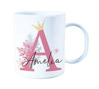 The Supreme Gift Company Personalised Floral Crown Kids Mug - BPA-Free Unbreakable Plastic Cup with Custom Name - Microwave & Dishwasher Safe Children’s Drink Mug