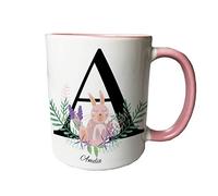 The Supreme Gift Company Personalised Rabbit Floral Initial 10oz Ceramic Mug - Gifts for him - Pink Inner
