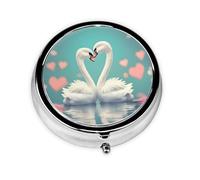 The Swan in Love A Round Mini Pillbox with Three Compartments for Storing Vitamins, Fish Oil, and Nutritional Supplements.