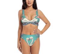 The swan in Love Print Women's Waisted Bikini Sets V Neck Two Piece Swimsuit for Beach & Pool, Black, XL