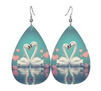 The swan in love Women's Teardrop Leather Earrings, Hook 925 Silver Plated, Holiday Accessories