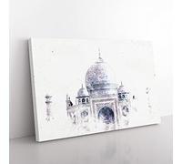 The Taj Mahal In Agra India Watercolour Modern Canvas Wall Art Print Ready to Hang, Framed Picture for Living Room Bedroom Home Office Décor, 76x50 cm (30x20 Inch)