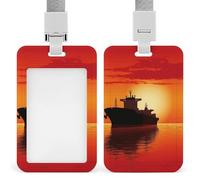 The Tanker Ship on Red Sunrise Badge Holder with Lanyard - Waterproof Hard Plastic ID Card Holder Professional Name Tag Vertical ID Card Name Badge for Office Nurse Doctor Teacher