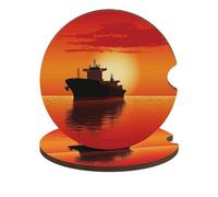 The Tanker Ship on Red Sunrise Car Coasters, 2PCS Non-Slip Car Cup Holder Coasters with Cork Base, Heat Resistant & Waterproof Drink Coaster for Women Men