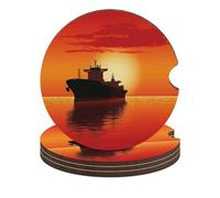 The Tanker Ship on Red Sunrise Car Coasters, 4PCS Non-Slip Car Cup Holder Coasters with Cork Base, Heat Resistant & Waterproof Drink Coaster for Women Men