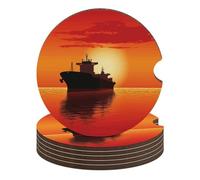 The Tanker Ship on Red Sunrise Car Coasters, 6PCS Non-Slip Car Cup Holder Coasters with Cork Base, Heat Resistant & Waterproof Drink Coaster for Women Men