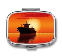 The Tanker Ship on Red Sunrise Pill Box 2 Compartment - Small Metal Medicine Organizer Portable Pill Case for Purse Pocket Travel Vitamin Organizer for Men Women, BPA-Free