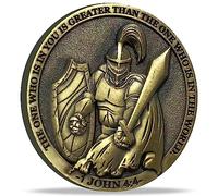The Task Ahead Christian Challenge Coin Featuring A Fully Armored Warrior and Scripture John 4:4, Bible Verses Pocket Token (Single Coin)