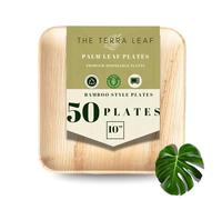 The Terra Leaf 50pcs Disposable Palm Leaf Plates, 10"(25cm) Large Square, Eco Friendly Biodegradable Compostable Like Wooden, Bamboo, Paper Plates for Hot Food, Picnic Wedding Parties